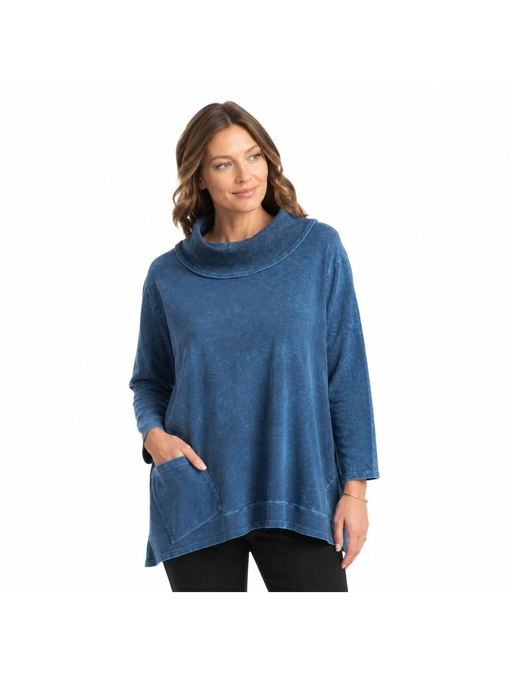Jess & Jane Mineral Washed Cowl Neck Tunic Top Blue 1X USA Cotton